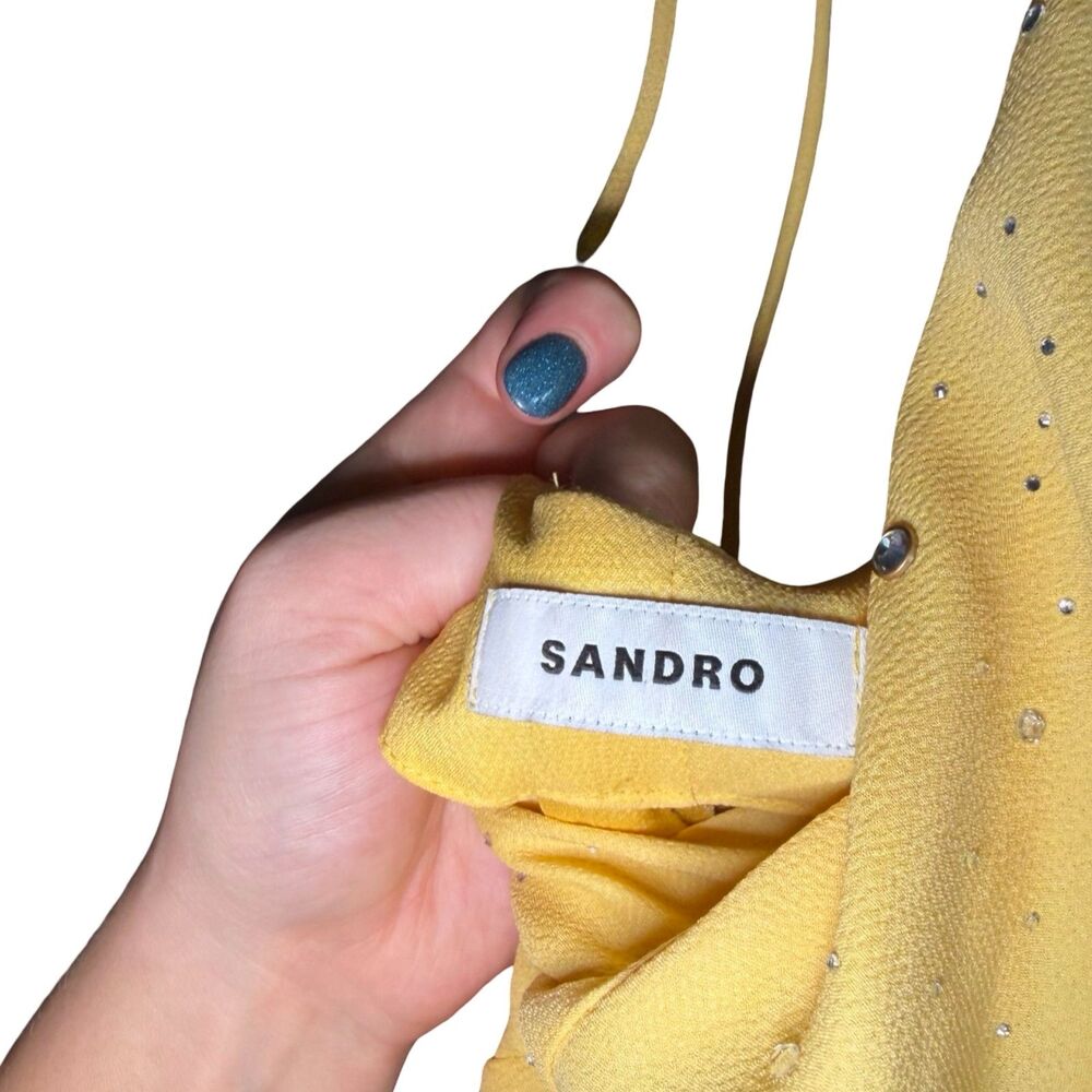 Sandro Praline Rhinestone Maxi Dress Yellow Plunge V-Neck Crossover Strap Sz 38 - Picture 10 of 15
